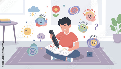 Young Boy Reading a Book on the Floor.