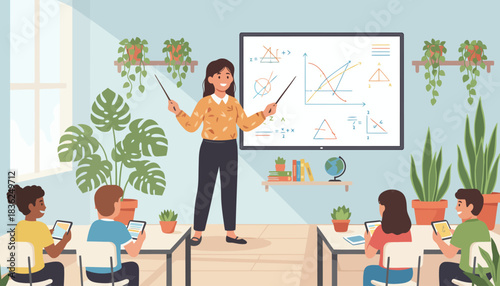 Female Teacher Presenting Lesson in Classroom.