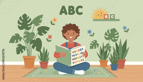 Young child reading a book among potted plants.