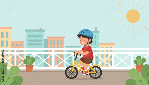 Young Child Cycling On Bicycle With Helmet.