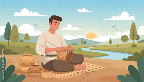 Outdoor Potter Shaping Clay by Riverbank.