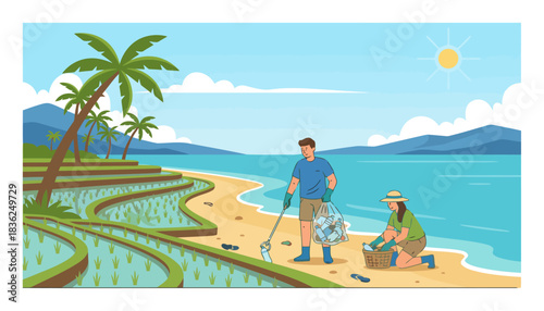 Two People and a Dog Walking on a Tropical Beach.