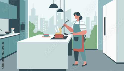 Woman cooking at modern kitchen island in home.
