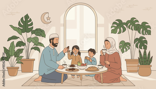 Family sharing a meal together around a low table.