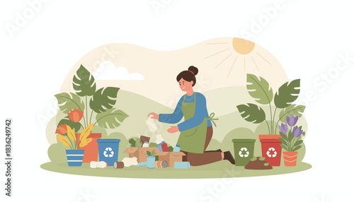 Person Sorting Trash and Recycling Into Bins Outdoors.