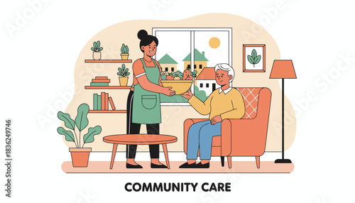 Compassionate Home Caregiver Assists Elderly Neighbor In Living Room.