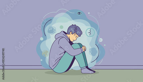 Lonely person sitting curled up expressing sadness and isolation.