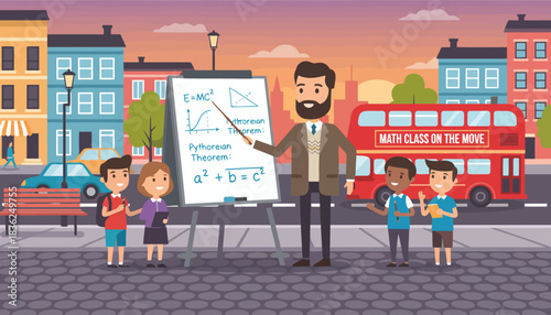 Outdoor teaching scene with a teacher and students in the city.