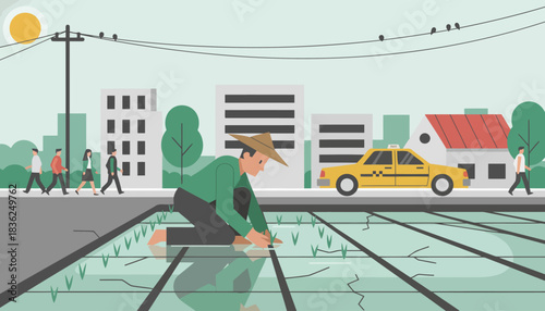 Man in Green Shirt Leaning Over Water Feature in City Park.