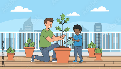 Two People Planting a Tree on a Balcony Urban Garden.