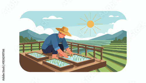 Farmer inspecting field plan outdoors under sun.