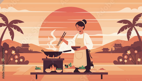 Outdoor cook preparing food on open grill at sunset.