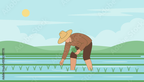 Harvesting farmer bending in a rural field under sun.