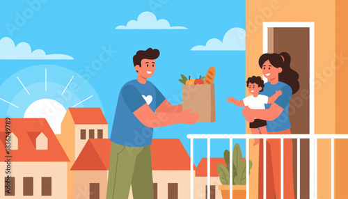 Delivery Person Hands Over Package to Recipient on Balcony.