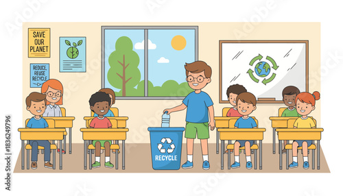 Teacher and Students Participating in Classroom Recycling Lesson.