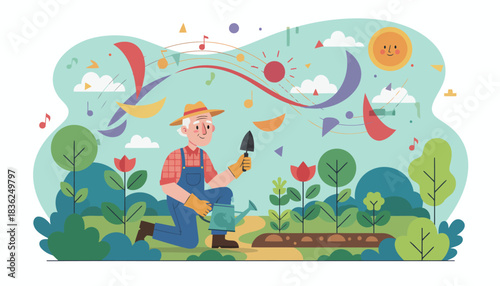 Garden Gardener At Work Tending Plants In Garden.