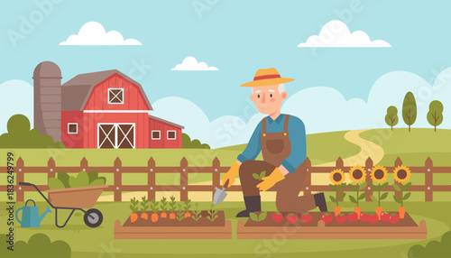 Portrait of a farmer tending a garden on a farm.