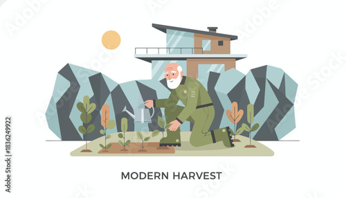 Modern Harvest Scene Featuring Farmer Collecting Crops in Field.