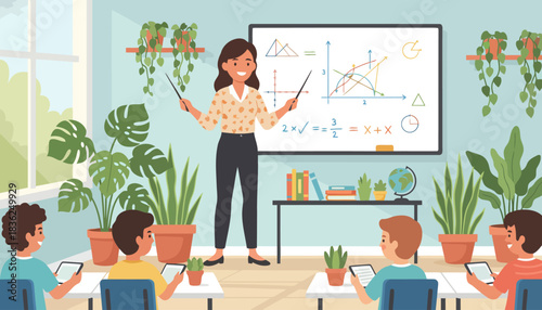 Dedicated teacher presenting lesson to students in classroom.