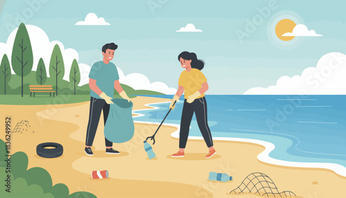Two volunteers cleaning up a sandy beach together.
