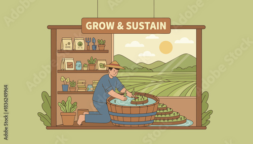 Gardener Tending Plants In A Circular Garden Bed.