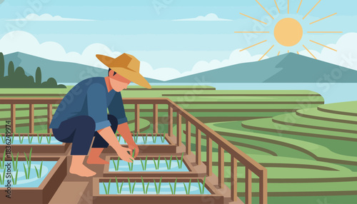 Farmer working on terraced fields overlooking landscape.