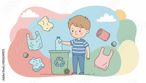 Young boy recycling into waste bin.