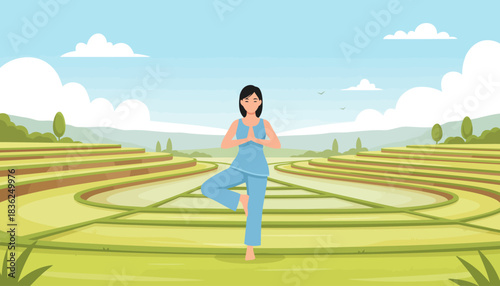 Woman performing tree pose in circular outdoor maze.