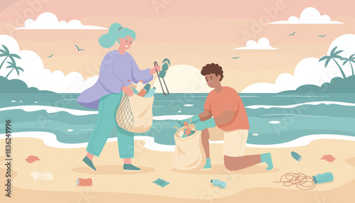 Two People Cleaning Up Beach Litter Together.