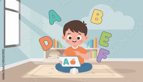 Young child learning with laptop in cozy room.