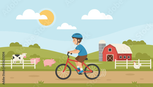 Cyclist Riding Bicycle in Open Farm Scene.