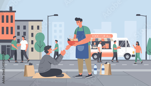 Volunteer giving food to a person on the street.