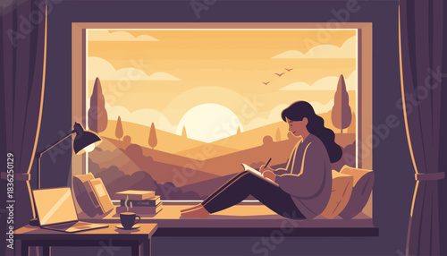 Person sitting by window enjoying sunset view alone.