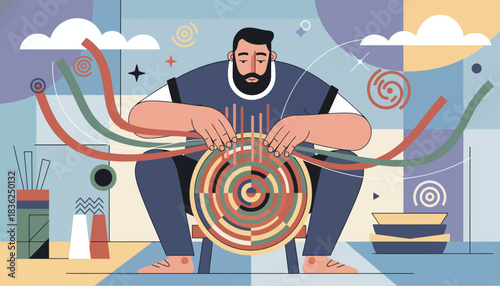 Woodturner crafts wooden bowl on lathe.