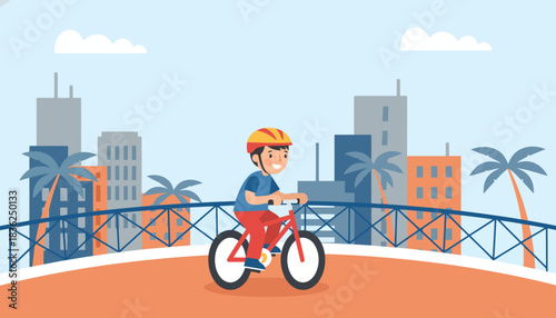 Young cyclist riding a bicycle on a bridge.