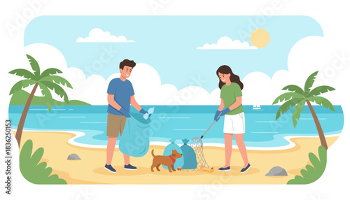 Couple with Dog Walking on Beach by Ocean.
