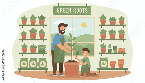 Man and Child Gardening Together in Garden Center.