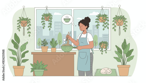 Woman Caring for Indoor Plants in Bright Greenhouse.