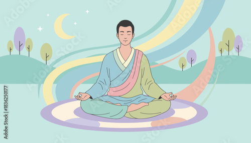Serene meditator seated in lotus position in calm setting.