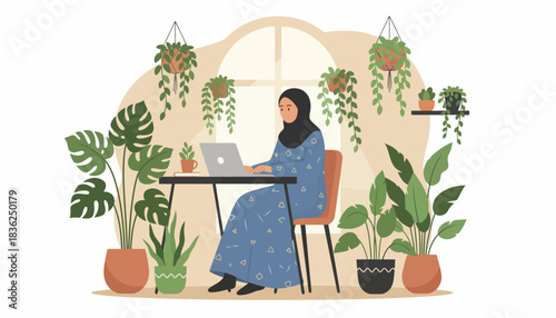 Woman Working on Laptop at Desk Surrounded by Plants.