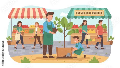 Market Vendor Arranging Fresh Produce At Outdoor Market.
