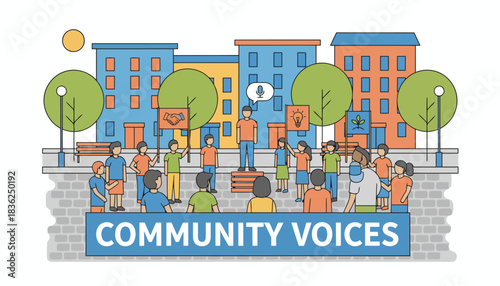 Community Voices Gathering in a Public Plaza.