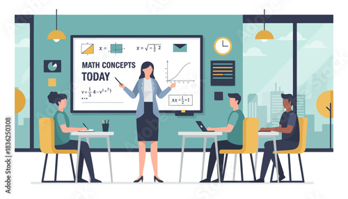 Teacher Demonstrating Math Concepts To Students In Classroom.