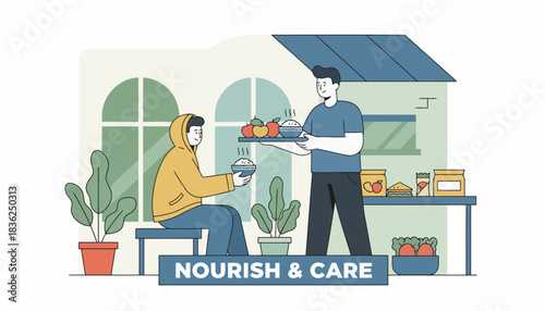 Two People Sharing Food In A Market Style Illustration.