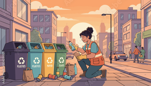 Person kneels by recycling bins on urban street.