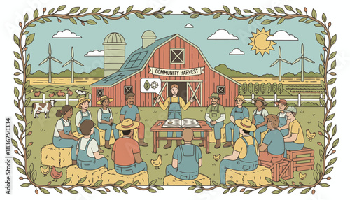 Rural community gathering around a barn during harvest.