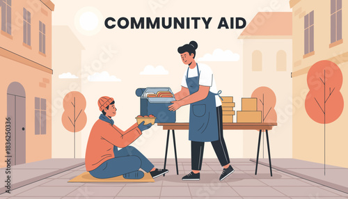 Volunteer Cooks Serving Food on Street for Community Aid.