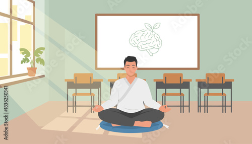 Meditating student in classroom on yoga mat.