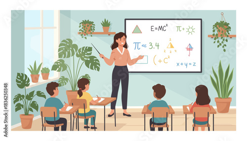 Teacher Conducting Class with Students in Classroom.