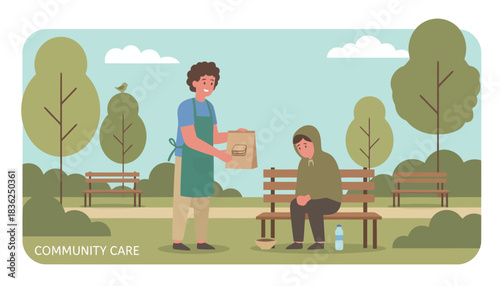 Two men exchanging a parcel in a park scene.